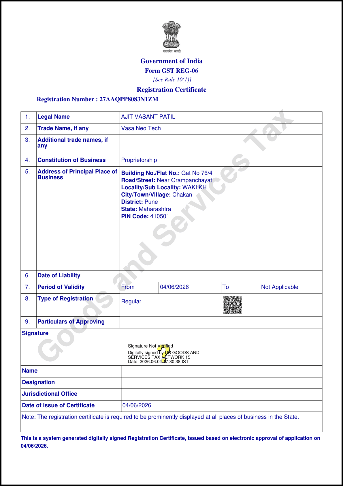 GST registration certificate for Vasa Neo Tech — GSTIN 27AAQPP8083N1ZM